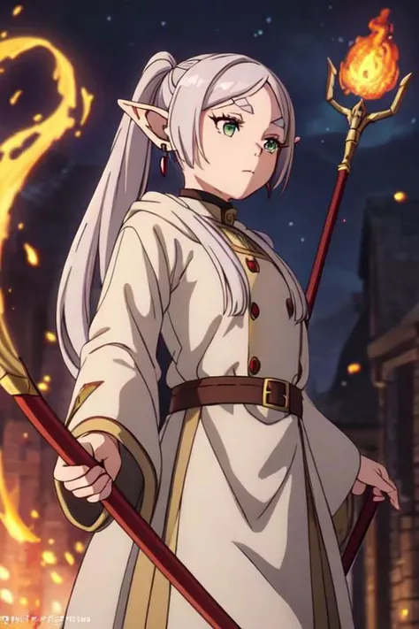 masterpiece,high quality,1girl,solo,elf,white hair,grey hair,earrings,pointy ears,long hair,ponytail,green eyes,twintails,parted bangs,thick eyebrows, using a wizard staff, casting a fire spell