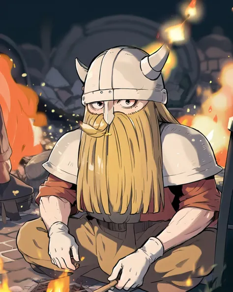 eisen, beard, mustache, horn helmet, fanart , eyes, solo, 1boy, fire, male focus, white gloves, blurry background, sitting, facing viewer, long sleeves, closed mouth,
<lora:friefen_EP01-04_LoHa32-step00030000:0.95>