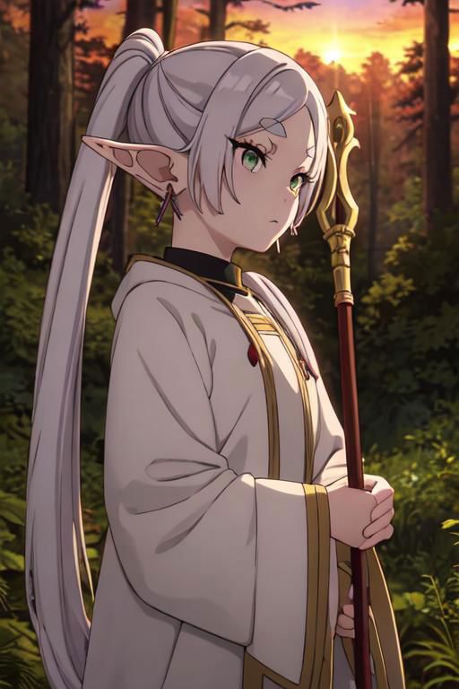 A woman with long white hair and a sword in a forest - SeaArt AI