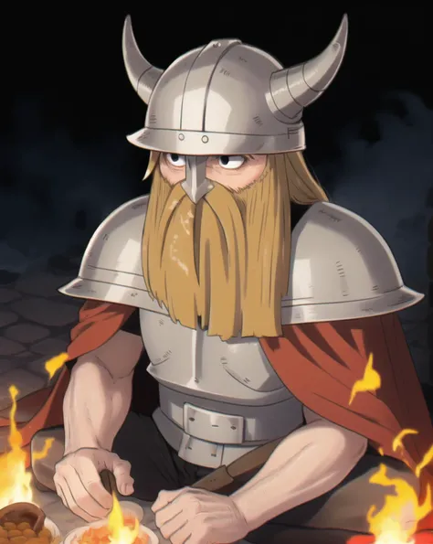 Eisen, horned helmet, beard, solo, 1boy, food, indian sitting, armor, red cape, fire, closed mouth , detailed background
<lora:frieren_EP01-04_lohad8_attn-mlp-step00040000:1>