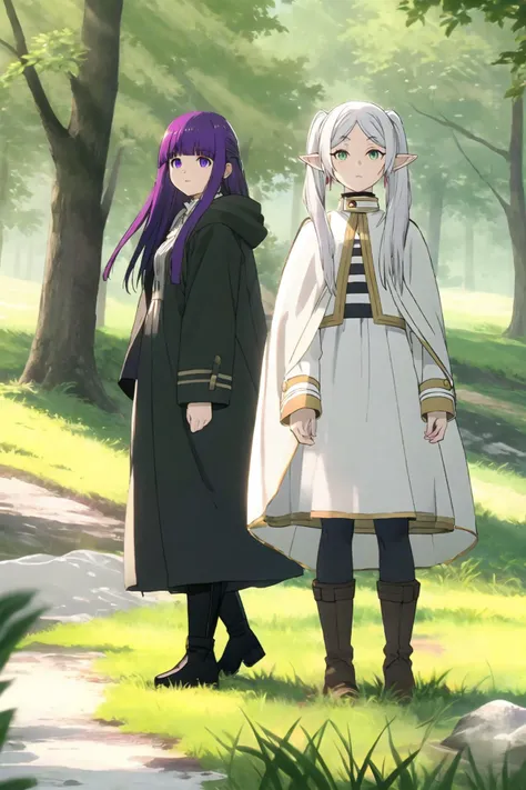 (masterpiece, best quality:1.1), (2girls:1.2), Frieren, long white hair, white coat, pointy ears, green eyes BREAK Fern, long purple hair, (purple eyes:0.9), white dress, black cape, boots, grassland <lora:friefen_EP01-04_LoHa32-step00030000:0.8>