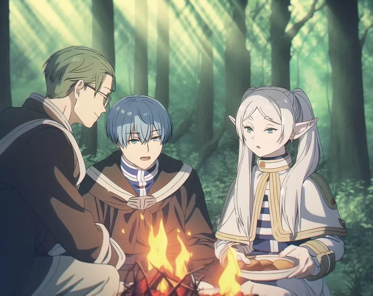 Frieren, Heiter , Himmel, , eisen, glasses, 1girl, 2boys, forest, fire, eating, outdoors, water, elf, open mouth, bread, looking at another, sitting , green hair
<lora:frieren_EP01-04_lohad8_attn-mlp-step00040000:1>