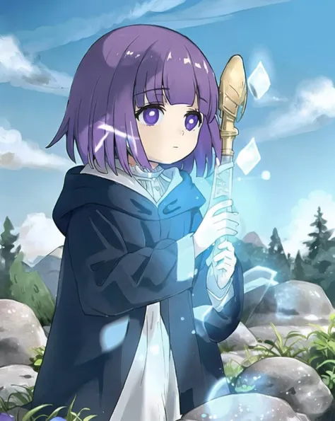 Fern girl, solo, blue sky, rocks, forest, kawa, full body, hood, holding, magic wand
<lora:friefen_EP01-04_LoHa32-step00030000:1>