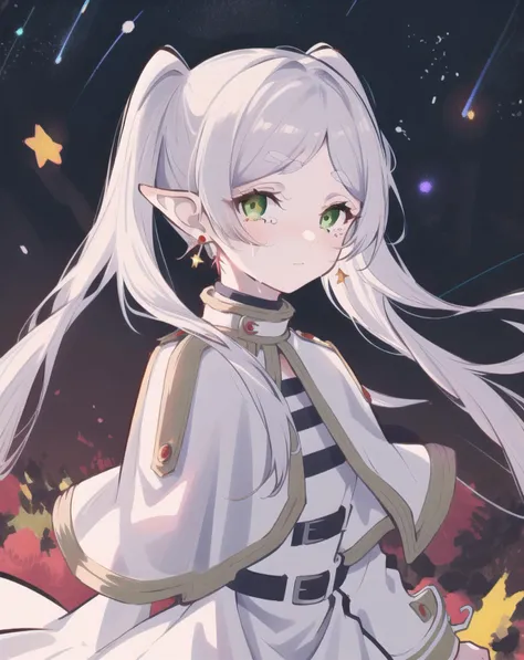 Frieren, solo, 1girl, elf, starry night, fanart, upper body, looking at viewer, white capelet, tears, crying , lycoris
dress, earrings, elf, falling star, jewelry, long sleeves, white capelet, white dress <lora:frieren_EP01-04_lohad8_attn-mlp-step00040000:1>