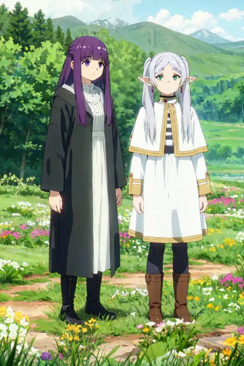 (masterpiece, best quality:1.1), (2girls:1.2), Frieren, long white hair, pointy ears, white coat, green eyes BREAK Fern, long purple hair, white dress, (purple eyes:0.8), black cape, boots, grassland <lora:friefen_EP01-04_LoHa32:0.8>
