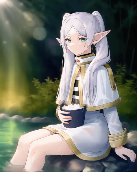 Frieren, solo, 1girl, elf, fanart, beautiful eyes, sitting on ground, river side, water, dress, beautiful background, fantasy, bokeh, spirit, wet,close to viewer, forest, bucket, sunlight
<lora:frieren_EP01-04_lohad8_attn-mlp-step00040000:1>