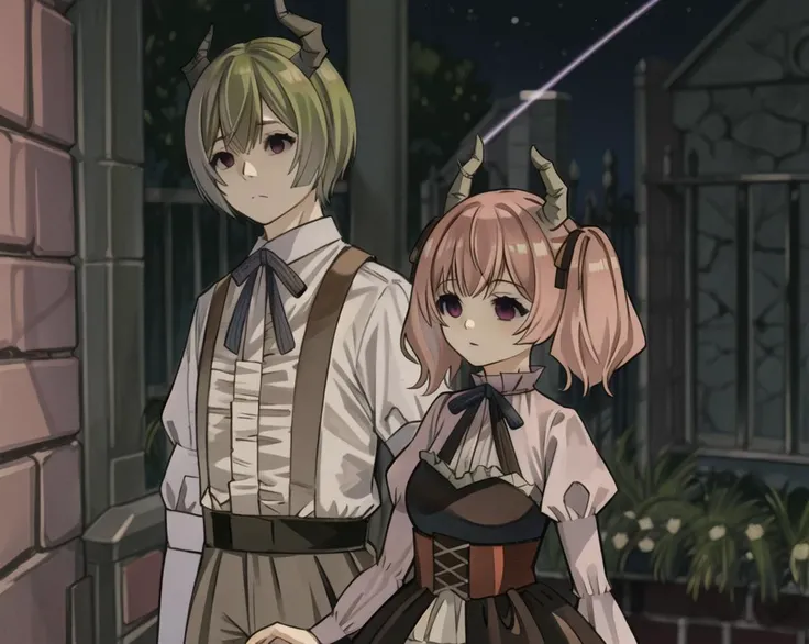 Two people, one male and one female, with cat ears and purple hair