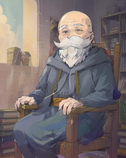 Himmold, frame, oil painting of , solo, 1boy, mustache, sitting on rocking chair, bookshelf
<lora:friefen_EP01-04_LoHa32-step00030000:0.95>