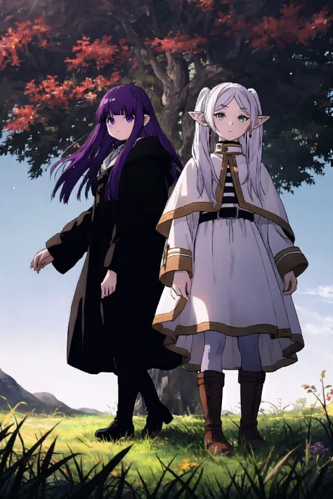 (masterpiece, best quality:1.1), (2girls:1.2), Frieren, long white hair, pointy ears, green eyes, white coat BREAK Fern, long purple hair, purple eyes, white dress, black cape, boots, grassland <lora:friefen_EP01-04_LoHa32:0.8>