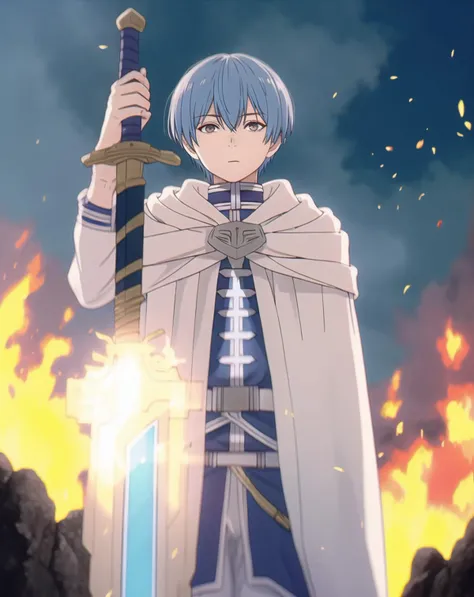 Himmel, solo, 1boy, holding sword, sunlight, backlighting, fire, cinematic angle, cape
<lora:frieren_EP01-04_lohad8_attn-mlp-step00040000:1>