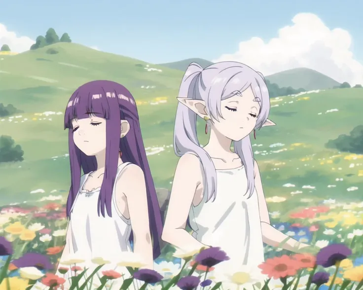 Fern, Frieren, screenshots, 2girls, closed eyes, pointy ears, outdoors, flower field, white dress, day, earrings, cloud, facial mark, sleeveless, blue sky, collarbone, blurry, grass <lora:friefen_EP01-04_LoHa32-step00030000:0.95> <lora:noline:0.6>