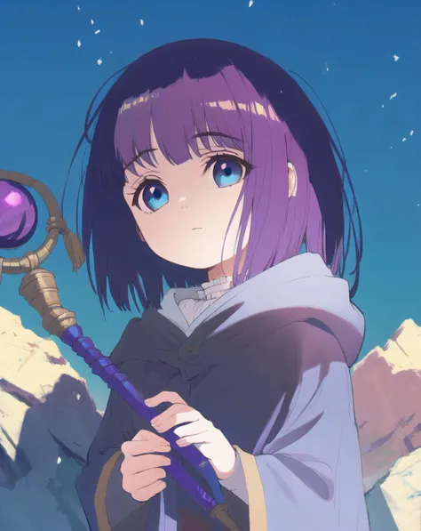 Fern little girl, solo, blue sky, rocks, fanart, hood, magic light, lighting, holding staff, shadow, trees, detailed background, beautiful eyes
<lora:frieren_EP01-04_lohad8_attn-mlp-step00040000:1>