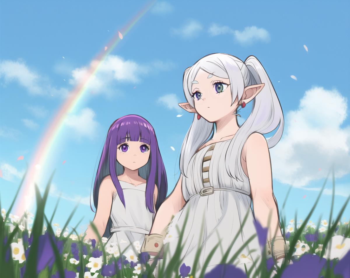 Two anime girls in a field of flowers with a mountain in the background ...
