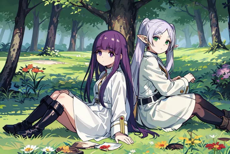 (masterpiece, best quality:1.1), (2girls:1.2), Frieren, long white hair, white coat, pointy ears, green eyes,
BREAK Fern, long purple hair, (purple eyes:0.9), white dress, black cape, boots, grassland,
<lyco:friefen_EP01-04_LoHa32-step00030000:0.8>