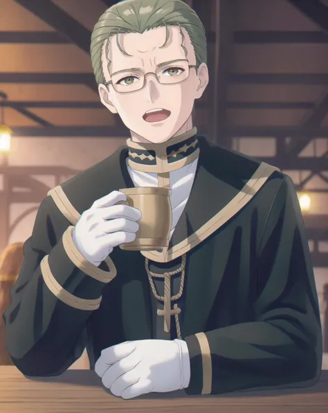 Heiter, fanart , solo, 1boy, male focus, white gloves, glasses, blurry background, sitting, facing viewer, long sleeves, closed mouth, beer mug, indoors, holding cup, open mouth <lora:noline:0.4><lora:frieren_EP01-04_lohad8_attn-mlp-step00040000:1>
