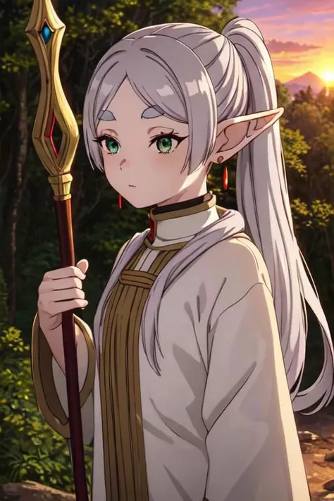 masterpiece,high quality,1girl,solo,elf,white hair,grey hair,earrings,pointy ears,long hair,ponytail,green eyes,twintails,parted bangs,thick eyebrows, using a wizard staff, in the forest, watching the sunset
