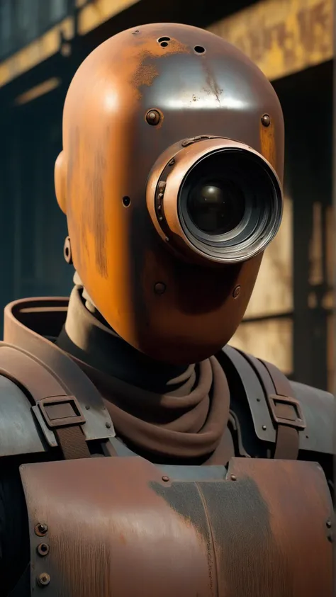 Cinematic photo of <lora:SpyWorld50sXL:1> SpyWorld50sXL solo, half shot, looking at viewer, detailed background, detailed face, ( theme:1.1), rust-warrior, rusty armor, rusted iron, (rusty:1.05), brown rust, weathered, corroded, worn-out, dented, soot, dynamic pose, abandoned rust in background, low light, cinematic atmosphere,