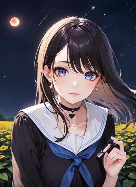 ((best quality)), ((highly detailed)), masterpiece, absurdres, extremely detailed face, beautiful face, (detailed eyes, deep eyes), (1girl), from beside, dynamic pose, cowboy shot, <lora:heart-choker-v1:1>, xheartchokerx, hcattached, choker, schoolgirl, (outdoors, in a flower field, midnight, night sky, stars, lunar eclipse, shooting star)