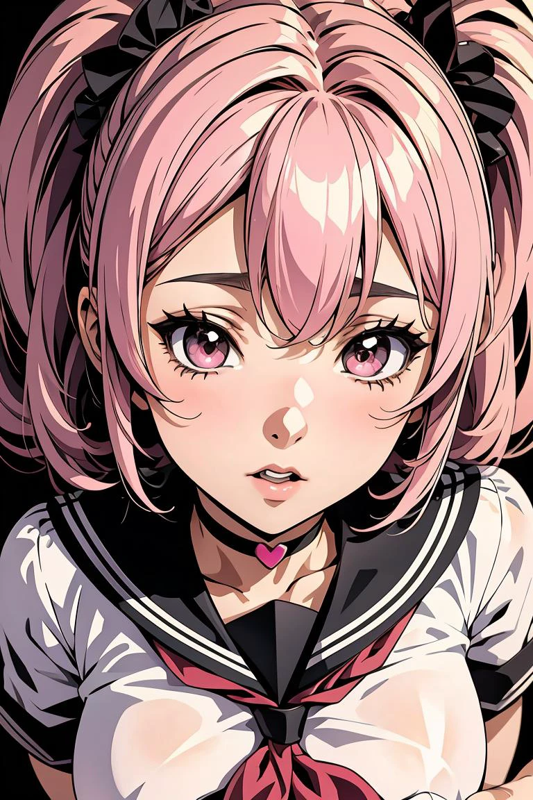 (masterpiece, best quality), 1girl, pink hair, black serafuku, <lora:heart-choker-base-anylora-v1-1-1-000018_1_BiiIiMoOOo_WOF:1> xheartchokerx,hcattached