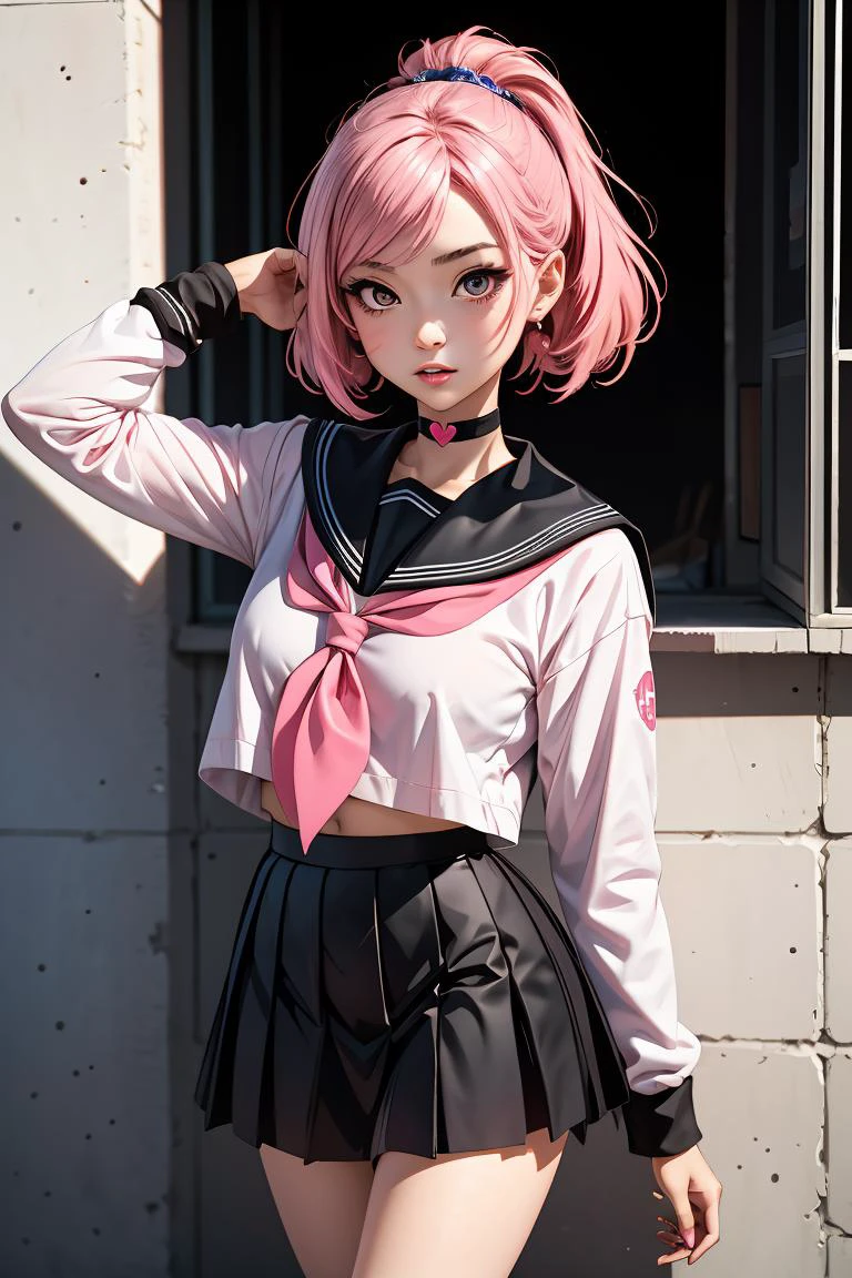 (masterpiece, best quality), 1girl, pink hair, black serafuku, <lora:heart-choker-base-anylora-v1-1-1-000018_1_BiiIiMoOOo_WOF:1> xheartchokerx,hcattached