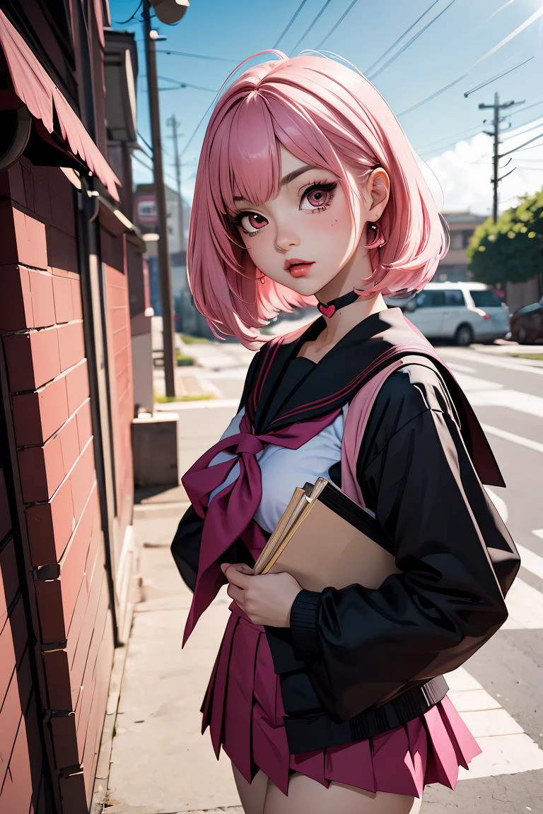 (masterpiece, best quality), 1girl, pink hair, black serafuku, <lora:heart-choker-base-anylora-v1-1-1-000018_1_BiiIiMoOOo_WOF:1> xheartchokerx,hcattached