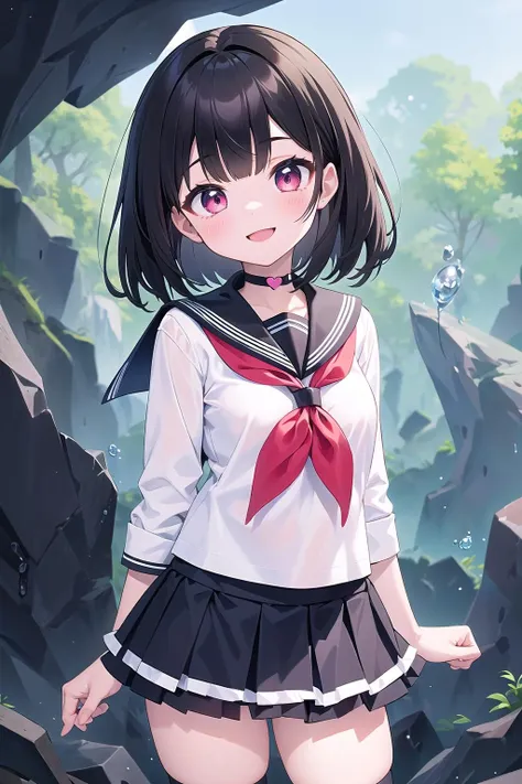 best quality, ultra-detailed, (1girl, solo, ,black hair,, serafuku, white shirt, short skirt, frilled skirt, <lyco:heart-choker-v1:1.0> , xheartchokerx, hcattached, smile, standing), in a crytal cave