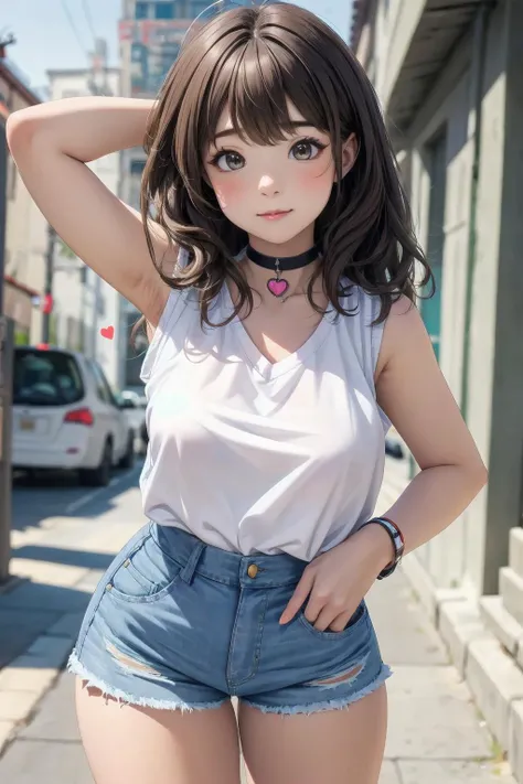 best quality, ultra-detailed, (1girl, solo, ,princeton hair, light brown hair, <lyco:heart-choker-v1:1.0> , xheartchokerx,hcpendant, sleeveless white shirt, denim shorts, :>, standing), in the distant past