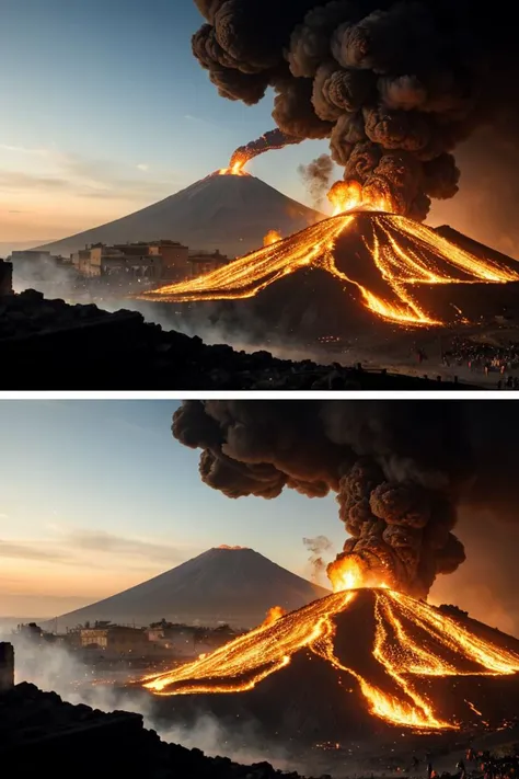 Dramatic and tragic depiction of the fall of Pompeii, the ancient Roman city engulfed in the cataclysmic eruption of single volcano Mount Vesuvius volcano billowing ash and smoke, pyroclastic flow, chaos and despair, (focus on crowds of fleeing terrified Roman citizens:1.3), haunting remnants of a lost civilization, evoking the historical catastrophe, trending on ArtStation, living archaeological artistry, cataclysmic, apocalyptic,