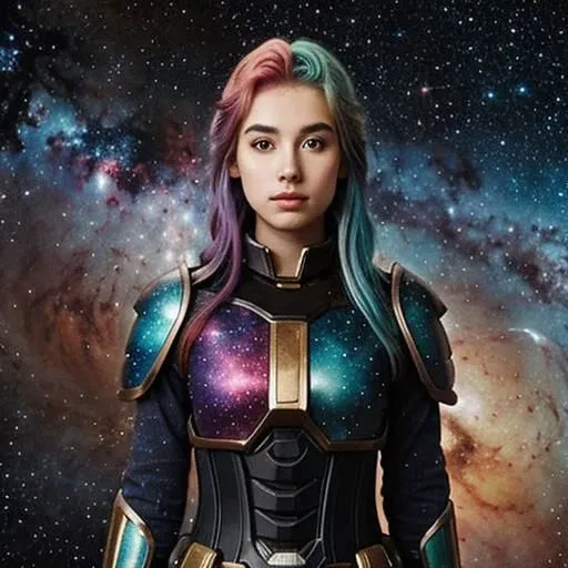 a girl with rainbow colored hair and detailed teal dress armor, standing, rainbow colored cosmic nebula background, stars, galaxies, intricate details, perfect face