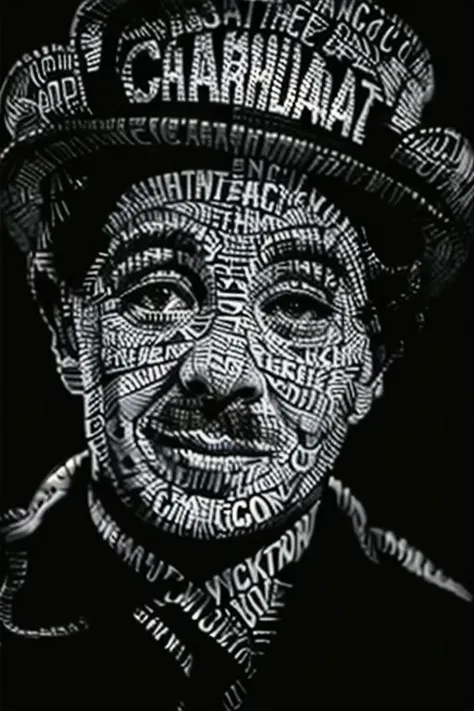 tp art, black and white,charlie chaplin,closeup, 3d,(detailed:1.2), hyper realistic, symmetric face, hdr, 8k, hd, dark background