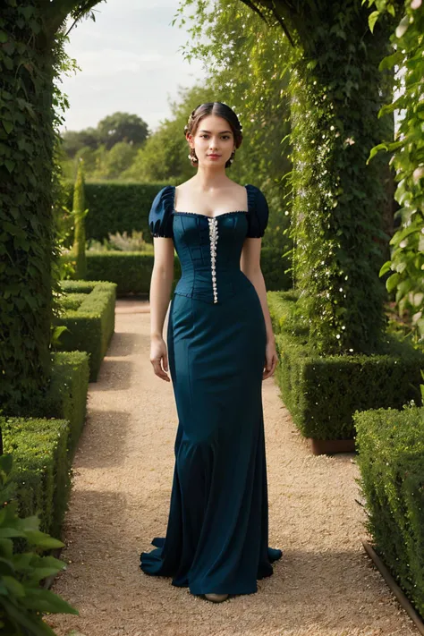 a beautiful woman in her twenties, perfect face, [(detailed face), ((detailed facial features)):0.4], [full body::0.4], victorian era dress, [ball gown::0.4], garden, [sky::0.4], masterpiece, high quality, best quality, [delicate pattern, intricate detail, [soft rim light], detailed foliage, flowers:0.4], garden alcove bower