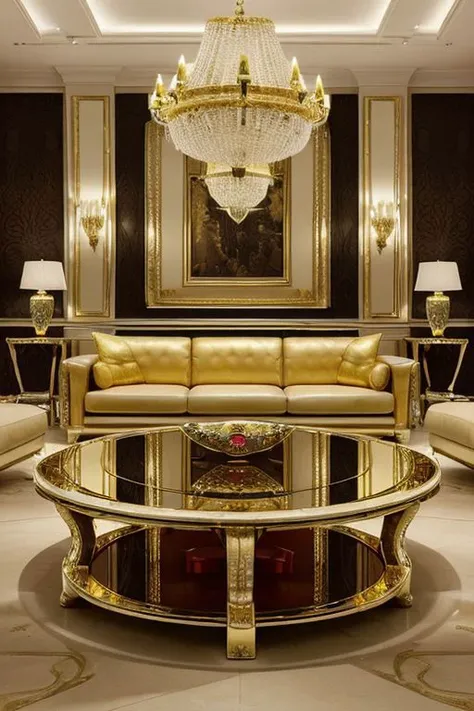 Ferrari in the living room, table with gold gemstones and dollars, best quality, high quality