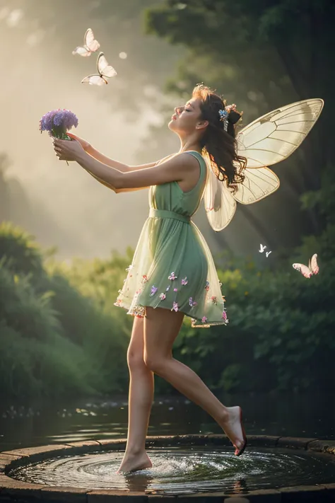 1girl, fairy_wings, flower_hair_ornament, floral_dress, standing, one leg bent, levitation, look at the ground, light halo, brown light around, fractal, power, strength, flying butterflies, no background, transparent dress, light green dress, cute, made up, side view, water source, eyes closed ,<lora:FilmVelvia3:1> <lora:UE_20230717224732:0
5>