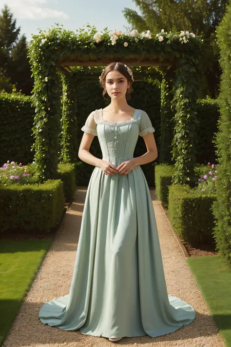 a beautiful woman in her twenties, perfect face, [(detailed face), ((detailed facial features)):0.4], [full body::0.4], victorian era dress, [ball gown::0.4], garden, [sky::0.4], masterpiece, high quality, best quality, [delicate pattern, intricate detail, [soft rim light], detailed foliage, flowers:0.4], garden alcove bower