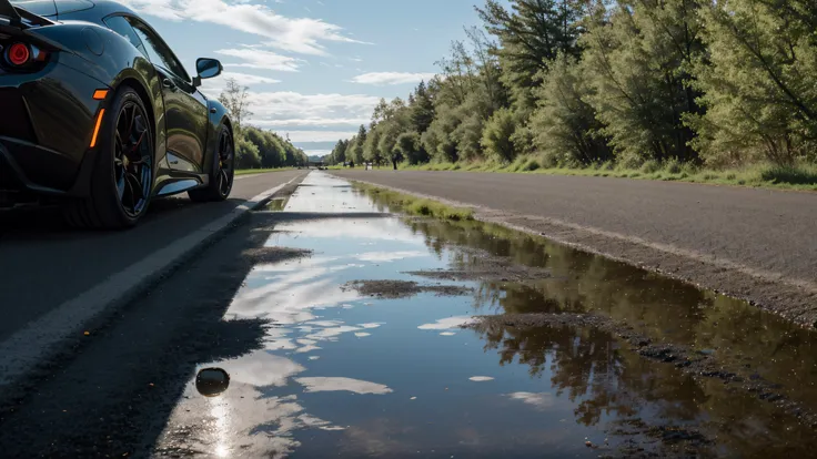 masterpiece,photo of landscape, sunny weather,(sports car,color {blue incandescent}), 8k,hdr, high quality, film grain,reflection masterpiece, vivid colours , weather ,puddles
