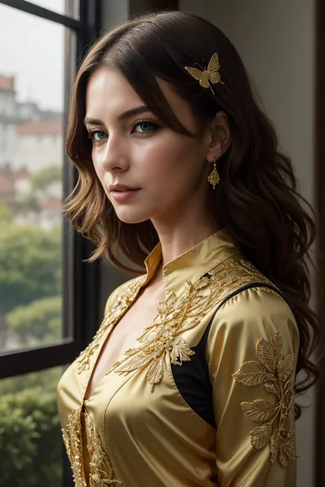 (masterpiece:1.2), best quality,(HDR:1.4),8k portrait of beautiful cyborg with brown hair, intricate, elegant, highly detailed, majestic, digital photography, art by artgerm and ruan jia and greg rutkowski surreal painting gold butterfly filigree, broken glass, (masterpiece, sidelighting, finely detailed beautiful eyes: 1.2), hdr, (detailed background window to a new dimension, plants and flowers:0.7) infinity, infinite symbol,