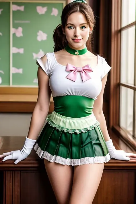 (solo, 1girl), (absurdres, highres, official wallpaper, poster), (masterpiece, best quality:1.2), (illustration, realistic), (perfect details, highest detailed, extreme detailed), (full body photo), green eyes, ponytail, tiara, jewelry, sailor senshi uniform, green sailor collar, choker, elbow gloves, white gloves, pink bow, brooch, white leotard, green skirt, <lora:sailor_jupiter_v1:0.7>, (school, sunlight, chair), (standing, seductive smile, spred legs), cowboy shot, indoors,(((green skirt, pleated skirt))), ((realistic)), green boots, ((mature woman, seductive pose)), sexy, ((white lace panties)), (thigh gap),((skirt lift:1.2)), (((spread legs))), ((detailed lace panties, see_throught panties))