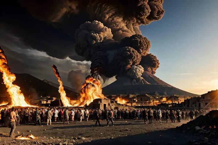 Dramatic and tragic depiction of the fall of Pompeii, the ancient Roman city engulfed in the cataclysmic eruption of single volcano Mount Vesuvius volcano billowing ash and smoke, pyroclastic flow, chaos and despair, (focus on crowds of fleeing terrified Roman citizens:1.3), haunting remnants of a lost civilization, evoking the historical catastrophe, trending on ArtStation, living archaeological artistry, cataclysmic, apocalyptic,
