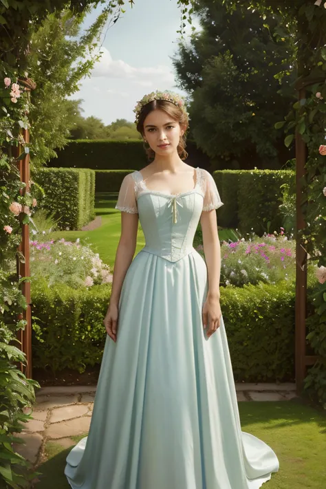a beautiful woman in her twenties, perfect face, [(detailed face), ((detailed facial features)):0.4], [full body::0.4], victorian era dress, [ball gown::0.4], garden, [sky::0.4], masterpiece, high quality, best quality, [delicate pattern, intricate detail, [soft rim light], detailed foliage, flowers:0.4], garden alcove bower