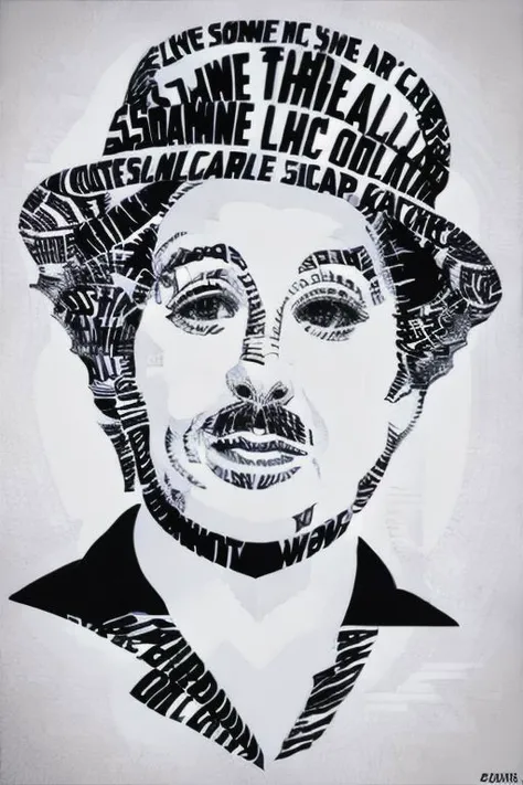 tp art, black and white,charlie chaplin,closeup, 3d,(detailed:1.2), hyper realistic, symmetric face, hdr, 8k, hd, dark background