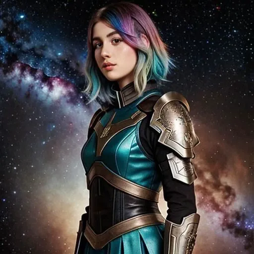 a girl with rainbow colored hair and detailed teal dress armor, standing, rainbow colored cosmic nebula background, stars, galaxies, intricate details, perfect face