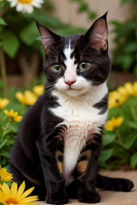 a photo of a cute puppy the cat surrounded by beautiful flowers extremely detailed fur,(close up:1.1)