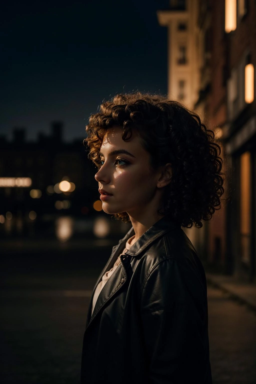 masterpiece,cinematic, filmic image 4k, 8k ,1girl,curly hair,in the dark,deep shadow,city night background,