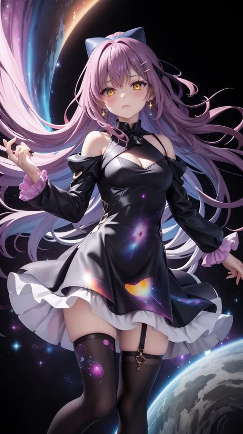 (Holding blackHole vortex in arm:1.4), (Nebula print on dress:1.4), Earrings, half closed eyes, (sad:1.2), (Frilled:1.3), open shoulders, (long galaxy sleeves), (ribbons:1.5), (hairpins:1.3), Circle galaxy skirt, purple hair, galaxy hair ornament, long hair, (on wind:1.5), (messy hair:1.5), sola4 gradient stockings, (glowing yellow eyes:1.3), (Galaxy print dress:1.5), masterpiece, best quality, Girl, (Black galaxy dress:1.3), (selestia:0.01), (Indifference:1.5)