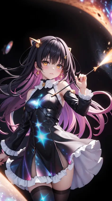 (Holding blackHole vortex in arm:1.4), (Nebula print on dress:1.4), Earrings, half closed eyes, (sad:1.2), (Frilled:1.3), open shoulders, (long galaxy sleeves), (ribbons:1.5), (hairpins:1.3), Circle galaxy skirt, purple hair, galaxy hair ornament, long hair, (on wind:1.5), (messy hair:1.5), sola4 gradient stockings, (glowing yellow eyes:1.3), (Galaxy print dress:1.5), masterpiece, best quality, Girl, (Black galaxy dress:1.3), (selestia:0.01), (Indifference:1.5)