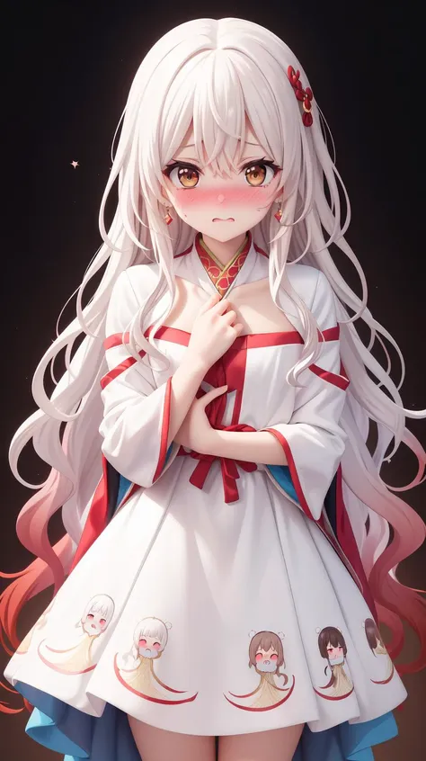 (wavy hair:1.2), (Very long hair:1.3), (Red layer), (Aesthetic medium chest:1.2), masterpiece, best quality, Solo, hair above cheeks, diamond earrings, Circle dress:1.2), Anime print on clothes, White clothes, (Embarrassed:1.6), (Nose blush:1.34), (Small chest:1.1), (Brown hair:1.5), (white hair:1.5), (gradient hair:1.4), (Highlighting:1.2), (Hanfu doll choli dress)