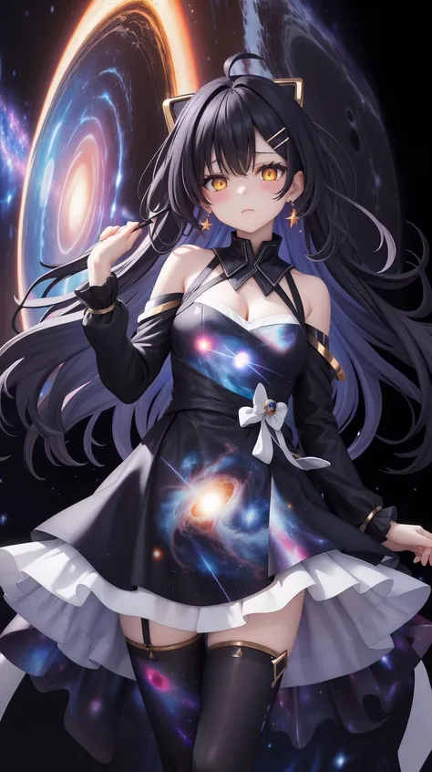 (Holding blackHole vortex in arm:1.4), (Nebula print on dress:1.4), Earrings, half closed eyes, (sad:1.2), (Frilled:1.3), open shoulders, (long galaxy sleeves), (ribbons:1.5), (hairpins:1.3), Circle galaxy skirt, purple hair, galaxy hair ornament, long hair, (on wind:1.5), (messy hair:1.5), sola4 gradient stockings, (glowing yellow eyes:1.3), (Galaxy print dress:1.5), masterpiece, best quality, Girl, (Black galaxy dress:1.3), (selestia:0.01), (Indifference:1.5)