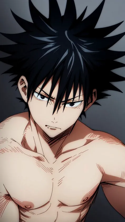 masterpiece, best quality, high quality, anime style, 1boy, boy, solo, male focus, cute face, adorable, looking at viewer, upper body, yuno, sweat, slim body, little muscular, (shirtless, topless, bare chest), black hair, yellow eyes, hair between eyes, (armpit, show his armpit,)