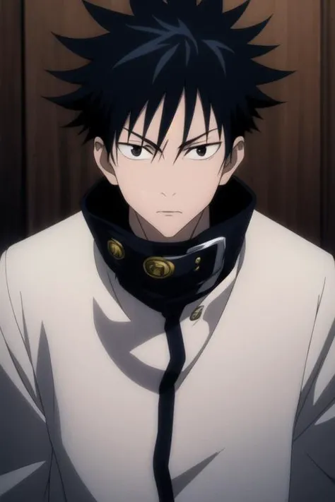 masterpiece, best quality, high quality, 1boy, solo, male focus, looking at viewer, upper body, <lora:fushiguro_megumi:0.84>, fushiguro_megumi, black hair, spiked hair, black eyes, jacket, high collar, <lora:animemix_v3_offset:0.65>