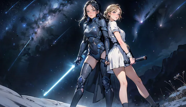 (2girls one with blue eyes black hair french braid in science fiction armor and  light saber in the hand)
(the other with dark eyes, blonde hair, lasser gun)
(standing back to back, fighting stance:1.2),
(full body),
standing on top off a hill,
on a barren gray planet,
Milky Way, stars and shooting stars in the background,
<lora:kindred_spirits.v3:0.6>, (kd_vnstyle, hand drawn 2d style),
((science fiction)),, <lora:add_sharpness:0.1>, <lora:epi_noiseoffset2:0.2>, (RAW photo, photorealism, DSLR, realistic, masterpiece, highly detailed), highres,  8k, 4k natural skin, textured skin,, beautiful detailed face, finely detailed beautiful eyes, (crystal eyes:0.5)